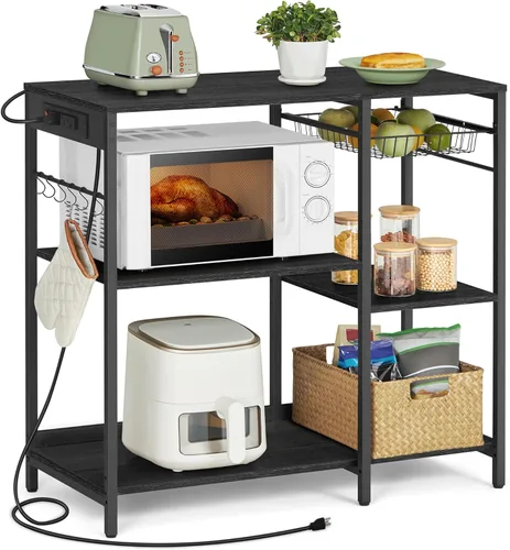 VASAGLE Estante de cocina, soporte para barra de café con estación de carga, 35.6 pulgadas de alto, estantes de almacenamiento, canasta de alambre