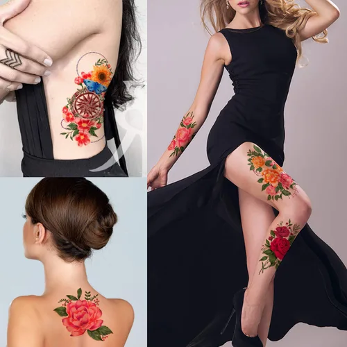 Miniatura 7 de Yazhiji 49 hojas de tatuajes temporales para mujeres y hombres 3D extra grandes, impermeables, sexy, flores, kits de tatuajes falsos Color flower