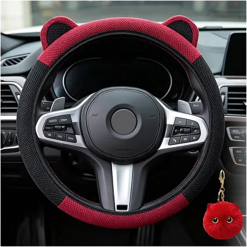Miniatura 16 de Steering Wheel Cover with Ears Keychain Fit 14-15 inch Black Pink Cute Ears Car Steering Wheel Covers for Women Girls Elastic Breathable Steering