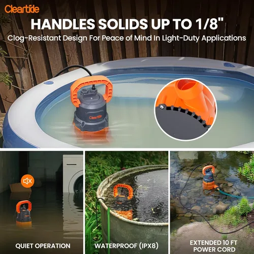Miniatura 6 de Cleartide Bomba de sumidero sumergible, bomba de agua utilitaria de 1/4 HP para drenaje de piscinas, jacuzzi, sótano, motor 100% de cobre, bomba
