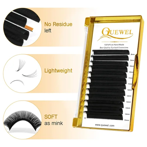 Miniatura 3 de QUEWEL - Extensiones de pestañas de abanico fácil 0.07mm, rizado C, extensiones de pestañas de 8-15mm, bandejas de pestañas mixtas, mate negro