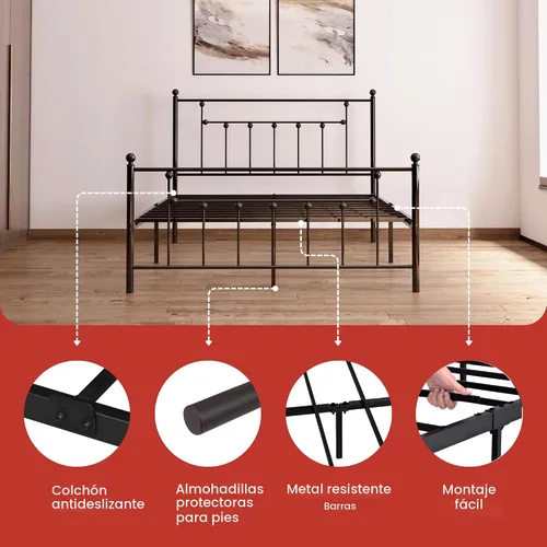 Miniatura 8 de Golden Gate Beds - Base de cama de metal de estilo victoriano con cabecera y estribo de hierro forjado antiguo, base de colchón clásica de acero,