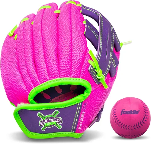 Guante de béisbol Franklin Sports Air Tech con pelota - Béisbol para niños - Espuma Air Tech suave Rosado/Púrpura