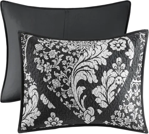 Miniatura 11 de Madison Park Vienna - Colcha reversible de algodón, diseño de costuras de lujo, para todas las estaciones, ropa de cama transpirable, fundas, Negro