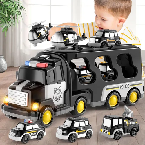 Miniatura 10 de Beby Buty Camiones de Construcción 5 en 1 para Niños de 3-5 años, Juguetes de Coches y Camiones para Niños Pequeños con Luz y Sonido, Incluye Grúa