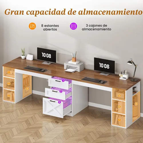 Miniatura 5 de SEDETA Escritorio para computadora de 96.5 pulgadas con cajones, escritorio de oficina en casa para 2 personas, escritorio doble
