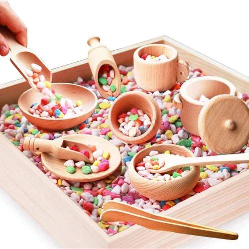 Herramientas Montessori para contenedores sensoriales: 1 caja de madera + 11 herramientas sensoriales para niños pequeños y niños en edad preescolar