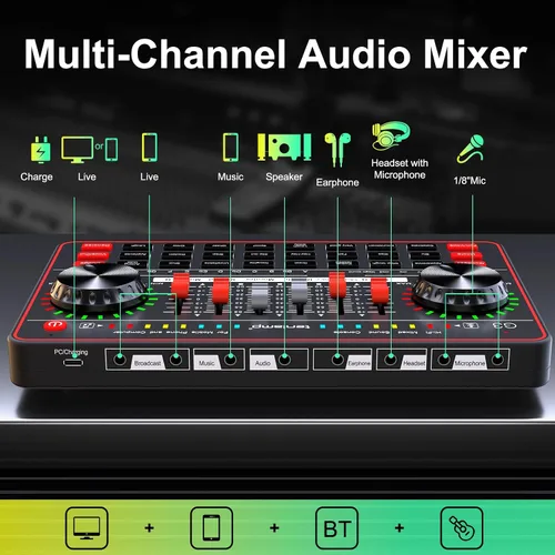 Miniatura 7 de Paquete de micrófono de podcast con mezclador de audio de placa de sonido en vivo, equipo de podcast con micrófono de condensador de 3.5mm
