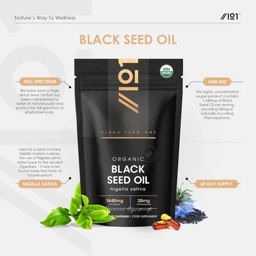 Miniatura 2 de ALPHA01 Cápsulas de aceite de semilla negra orgánica 1440 mg - 4 x % timoquenina - 120 unidades - Nigella sativa etíope - 100% prensado en frío
