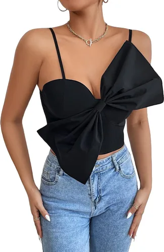 SOLY HUX Camiseta corta sexy con lazo grande para mujer, camiseta corta con tirantes delgados, sin mangas, espalda fruncida