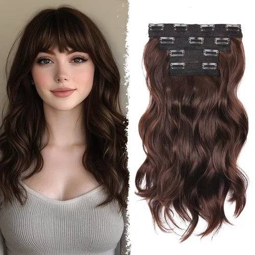 Miniatura 29 de 4 extensiones de cabello sintético con clip, extensiones de cabello rizado de 20 pulgadas de largo con clip (color: marrón medio)