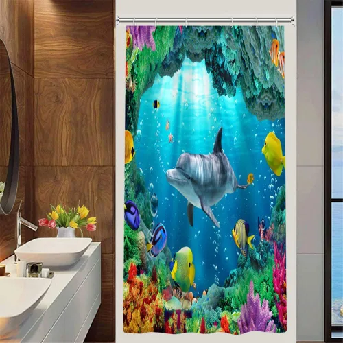 Miniatura 26 de Yeele Cortina de ducha con diseño de delfín, diseño de animales submarinos, tropical, con temática de vida silvestre, océano, azul, para baño