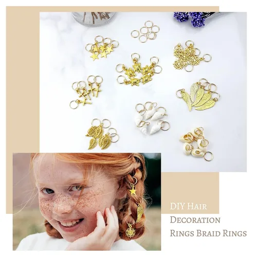 Miniatura 4 de JIALEEY 50 anillos para trenzar el cabello, 50 piezas de pinzas para el cabello, anillo dorado, concha, hojas, estrella, caracola, copo de nieve