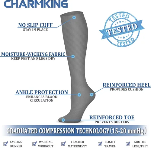 Miniatura 4 de CHARMKING Calcetines de compresión para mujeres y hombres, 4 pares de 15-20 mmHg, mejor apoyo para atletismo, correr, ciclismo