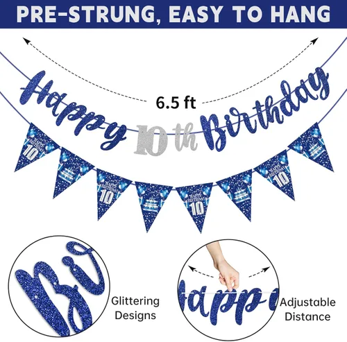 Miniatura 3 de Decoración de cumpleaños número 10 azul y plateado para niños y niñas, cartel de feliz cumpleaños número 10, estrellas de diez años, espirales