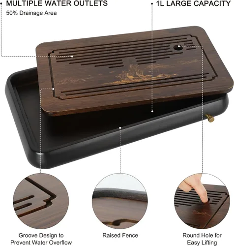 Miniatura 5 de Ufine Bandeja de té de gongfu de bambú de 15 pulgadas con drenaje de almacenamiento de agua Bandeja de servir de té chino Kung Fu Bandeja de mesa