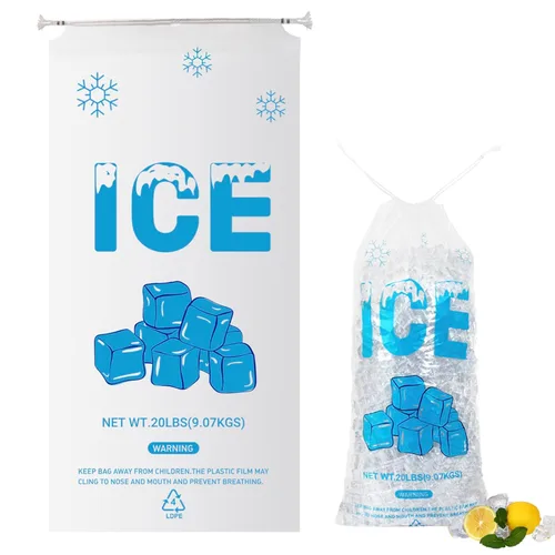 Miniatura 10 de Paquete de 100 bolsas de hielo de plástico con cordón de 20 libras, bolsas de hielo resistentes de 14 x 28 pulgadas con cuerda de plástico