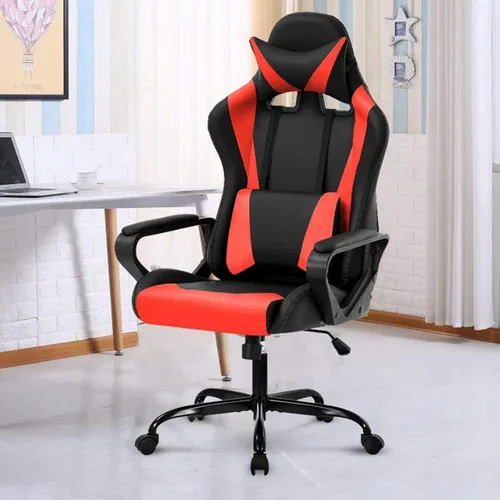 Miniatura 10 de Silla moderna para videojuegos, ergonómica con respaldo alto, silla de oficina de piel sintética con soporte lumbar, color negro