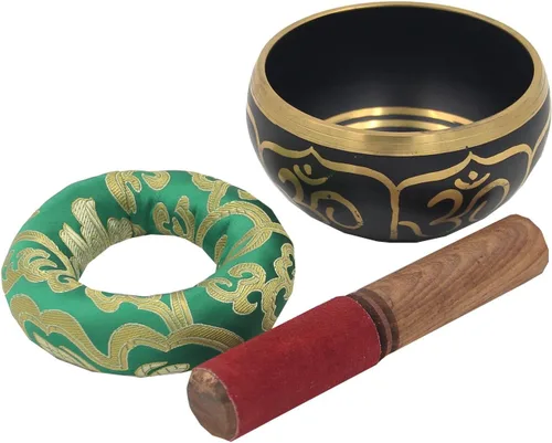 Miniatura 3 de DharmaObjects - cuenco para cantar el Om de la paz, para meditación relajante de yoga. Juego de almohadilla de seda, juego de martillo de Negro