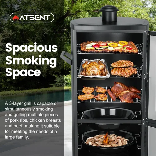 Miniatura 4 de Ahumador de propano, ahumador vertical con tres estantes extraíbles, parrillas al aire libre y ahumadores con termómetro para barbacoa, patio Negro