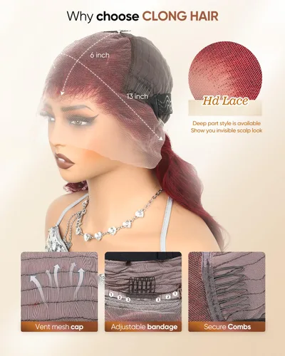 Miniatura 6 de Pelucas de cabello humano con encaje frontal color borgoña 99j de 13 x 6, densidad del 200 %, pelucas de encaje frontal HD 99j de color rojo