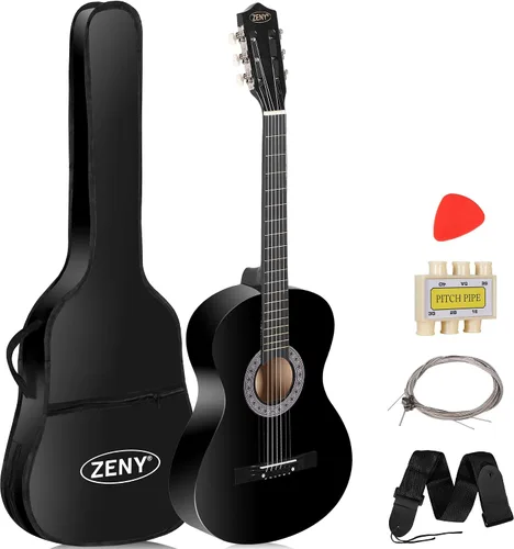 Zeny Nueva Guitarra Acústica de 38 pulgadas para principiantes con funda para guitarra, correa, afinador y púa, Negro