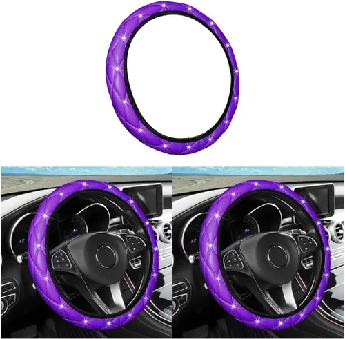 Miniatura 8 de Funda de volante de piel suave con diamantes de imitación de cristal, accesorios universales para SUV, camión, camioneta, automóvil (negro)