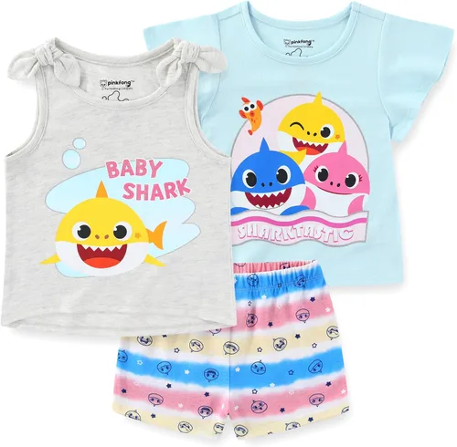 Nickelodeon Baby Shark - Conjunto de camiseta, camiseta sin mangas y pantalones cortos para bebés y niños pequeños, rosa, azul o multicolor,