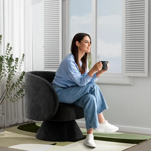 Miniatura 6 de Silla Giratoria de Barril, Sillas Giratorias de Acento Acolchadas Cuddle Tapizadas para Sala de Estar, Cómoda Silla Giratoria Redonda Pequeña Negra