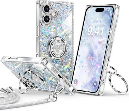 Miniatura 55 de XYZ Funda para iPhone 13, con purpurina brillante con soporte de corazón de 2 anillos y cordón, funda protectora a prueba de golpes con diamantes
