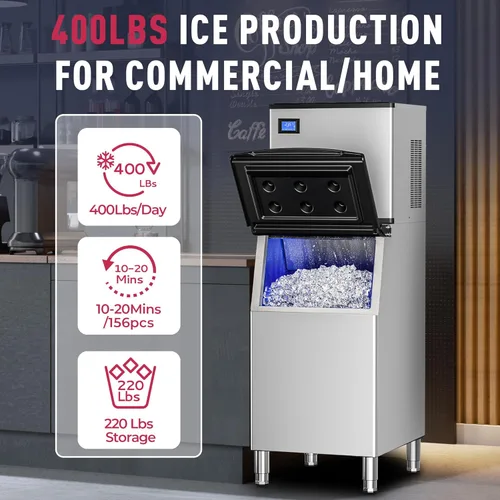 Miniatura 2 de ICYGLEE - Máquina comercial para hacer hielo de 400 libras/día con contenedor de almacenamiento de 220 libras, máquina de hielo industrial