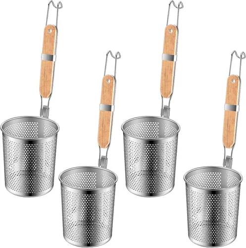 Miniatura 9 de Tessco - 4 coladores de pasta, 4.7 x 5.2 pulgadas, cesta de pasta de acero inoxidable con mango de madera, colador de araña, desnatador de cocina