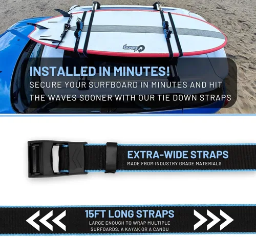 Miniatura 5 de Hang 11 Correas de amarre para tabla de surf para portaequipajes, extra largas (15 pies) y anchas (1.5 pulgadas), hebillas de silicona antiarañazos