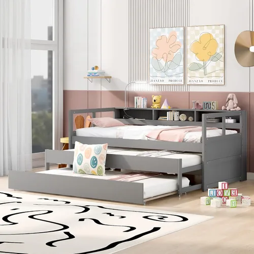 Miniatura 13 de JIVOIT Sofá cama extensible con cama nido y dos cajones de almacenamiento, marco de sofá cama de madera con soportes de listones de madera, diseño