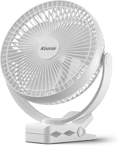 Koonie Ventilador portátil con clip de 8 pulgadas, 10000 mAh, recargable por USB, funciona con batería, 4 velocidades, flujo de aire fuerte, Blanco