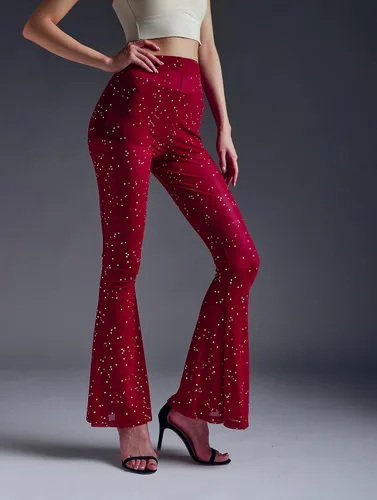 Miniatura 2 de Anlaey Pantalones de baile de malla transparente para rave, con lentejuelas brillantes, acampanados, cintura alta, para festivales, clubes, trajes