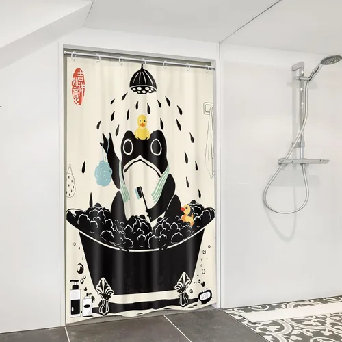 Miniatura 3 de Cortina de Ducha Divertida de Rana Juego de Baño 48 Pulgadas de Ancho x 71 Pulgadas de Alto Lindo Animal Retro Tomando Ducha Patito de Goma