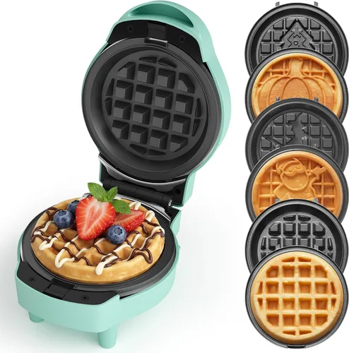 Miniatura 10 de Mini waflera 6 en 1, plancha de gofres de 4 pulgadas con platos antiadherentes extraíbles, mini máquina para hacer gofres perfecta para niños