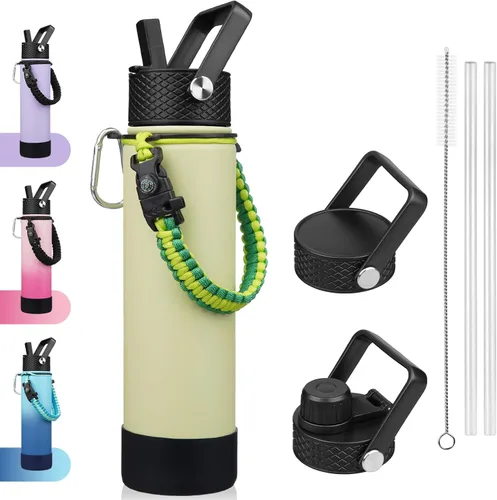 Miniatura 31 de BJPKPK - Botella de agua con tapa de popote, botellas de agua aisladas de 18 onzas con 3 tapas, asa de cuerda de paracaídas y base antideslizante