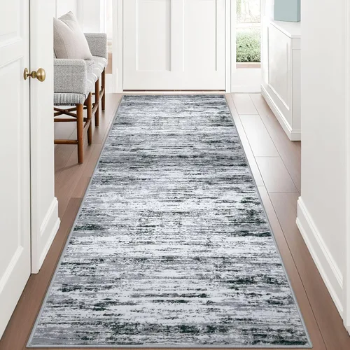 Miniatura 26 de Lansny Alfombra moderna abstracta de 2 x 5 pies, color negro, gris, blanco, lavable, alfombra de entrada para cocina, alfombra antideslizante suave