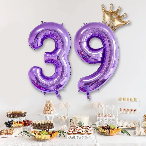 Miniatura 4 de Globo morado con el número 32 de 32 pulgadas, globos de aluminio jumbo con corona desmontable para decoración de fiesta de cumpleaños 38