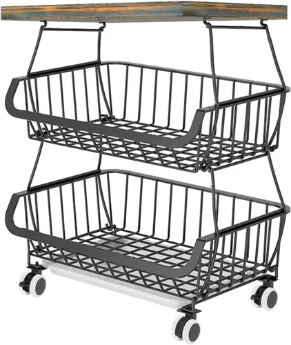 Cestas apilables de almacenamiento de cocina con mesa de metal para frutas, verduras, estante organizador, carrito rodante para cocina, despensa,