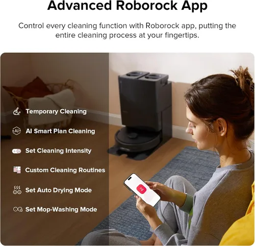 Miniatura 7 de roborock Qrevo Plus Robot Aspiradora y Fregador con diseño FlexiArm Edge de fregado, autovaciado, trapeadores levantables de 10 mm, lavado y secado