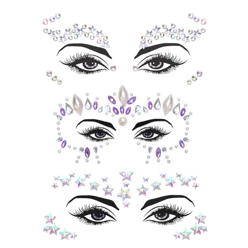 3 calcomanías de cara de cristal, cara de estrella, sirena, luna, piedra de piedra, rosa, carnaval, festival de música, fiesta para mujeres y niñas
