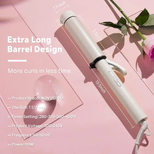 Miniatura 7 de Varita rizadora extra grande de 1.5 pulgadas para cabello largo, barril de turmalina de cerámica con 40000000 iones negativos, 2 clips y guante