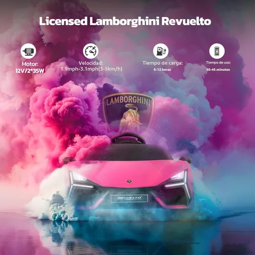Miniatura 3 de ELEMARA Lamborghini con licencia Auto de Paseo con puerta de tijera, coche eléctrico para niños con control remoto, coche de 12 V para niños con Rosa