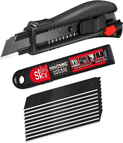 Miniatura 9 de HAUTMEC Cuchillo utilitario de 18 mm con agarre suave y bloqueo automático con interruptor de seguridad rojo, cortador resistente con hoja negra