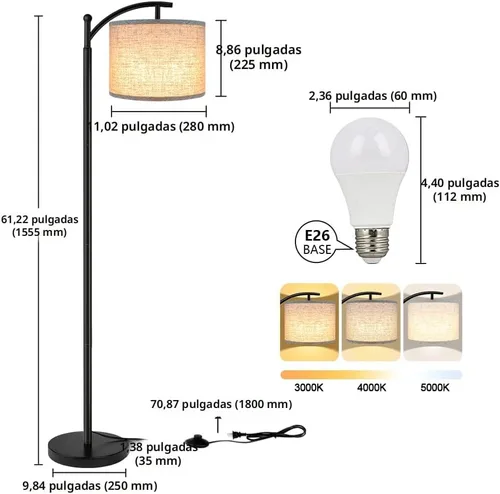 Miniatura 4 de Rottogoon - Lámpara de pie para sala de estar, lámpara de pie LED con 2 pantallas para dormitorio, incluye bombilla LED de 9 W - Negro Sombra