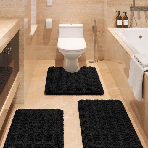 Miniatura 10 de ACCUMTEK - Juego de alfombras de baño a rayas beige de 3 piezas, ultrasuaves, antideslizantes de chenilla, alfombras de baño mullidas y absorbentes