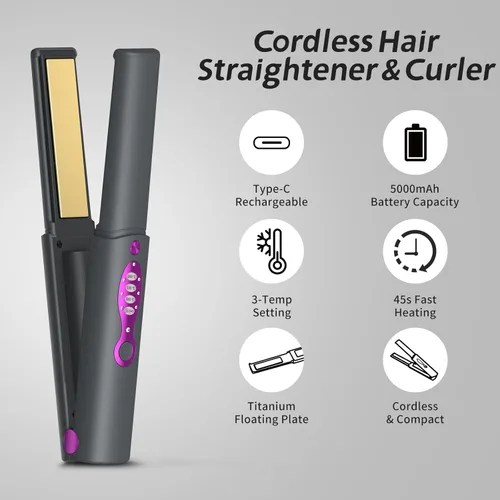 Miniatura 8 de OBEST Rizador de pelo inalámbrico 2 en 1, plancha plana inalámbrica de calentamiento rápido, alisador portátil para alisar y rizar el cabello, 5000